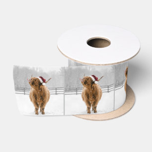 Christmas Highland Cow Licking Snowflakes Satin Ribbon