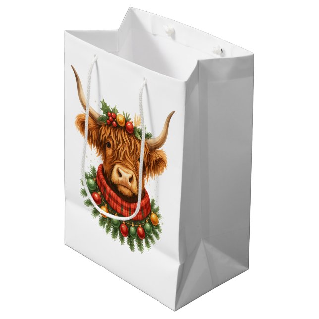 Christmas Highland Cow  Medium Gift Bag (Front Angled)