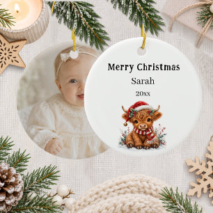 Christmas Highland cow photo kid Ceramic Tree Decoration