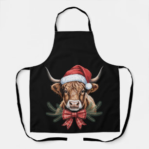 Christmas Highland Cow Santa Hat Plaid Bow Wreath Apron
