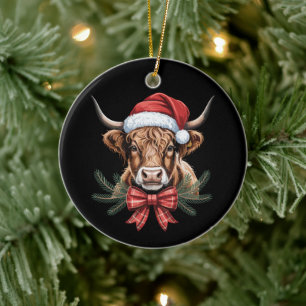 Christmas Highland Cow Santa Hat Plaid Bow Wreath Ceramic Tree Decoration