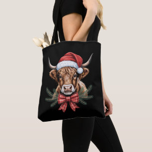 Christmas Highland Cow Santa Hat Plaid Bow Wreath Tote Bag