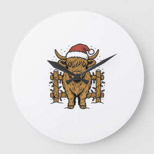 Christmas Highland Cow Santa Hat Vintage Engraving Large Clock