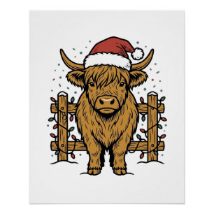 Christmas Highland Cow Santa Hat Vintage Engraving Poster