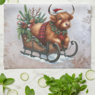 Christmas Highland Cow Sleigh Tea Towel