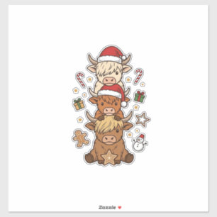 Christmas Highland Cow Stack Vintage Engraving Des