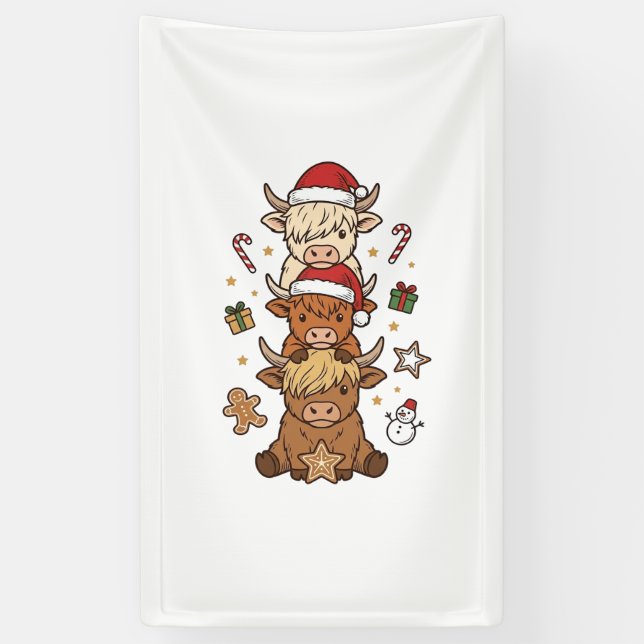 Christmas Highland Cow Stack Vintage Engraving Des Banner (Vertical)