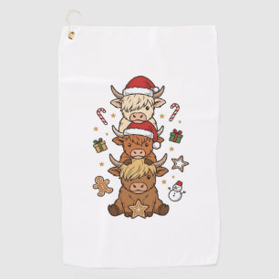 Christmas Highland Cow Stack Vintage Engraving Des Golf Towel