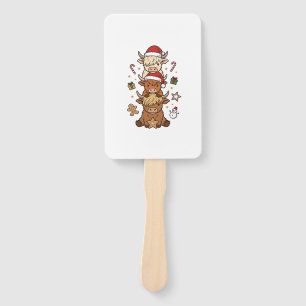 Christmas Highland Cow Stack Vintage Engraving Des Hand Fan