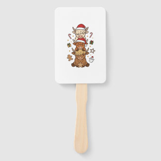 Christmas Highland Cow Stack Vintage Engraving Des Hand Fan