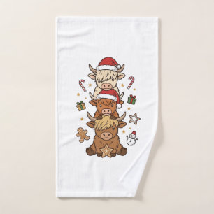 Christmas Highland Cow Stack Vintage Engraving Des Hand Towel