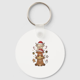 Christmas Highland Cow Stack Vintage Engraving Des Key Ring