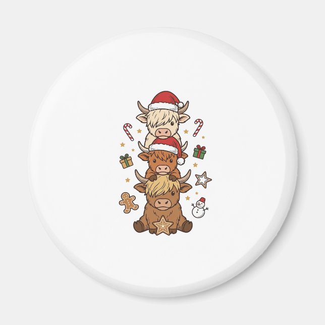 Christmas Highland Cow Stack Vintage Engraving Des Magnet (Front)