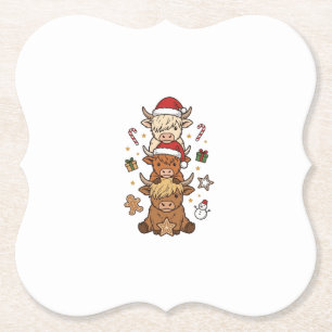 Christmas Highland Cow Stack Vintage Engraving Des Paper Coaster