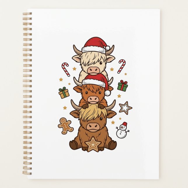 Christmas Highland Cow Stack Vintage Engraving Des Planner (Front)