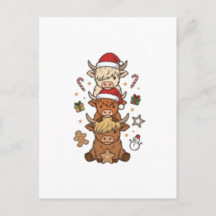 Christmas Highland Cow Stack Vintage Engraving Des Postcard