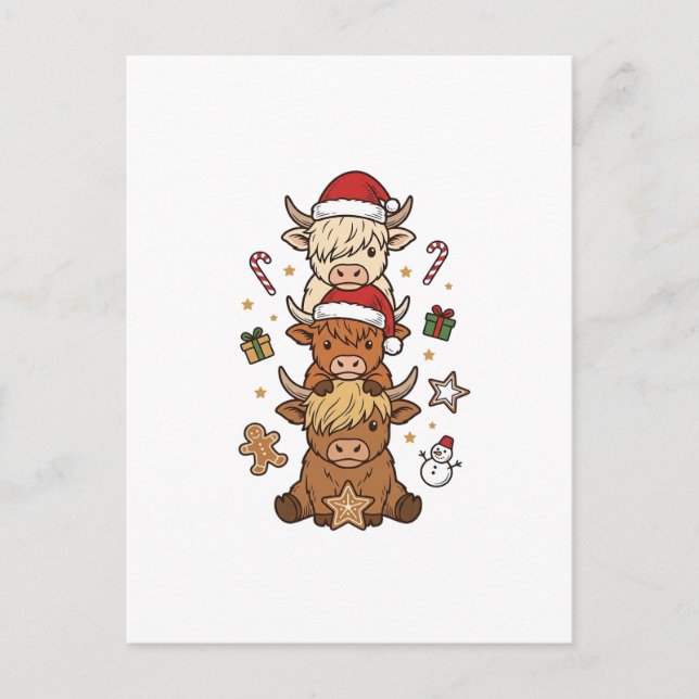 Christmas Highland Cow Stack Vintage Engraving Des Postcard (Front)