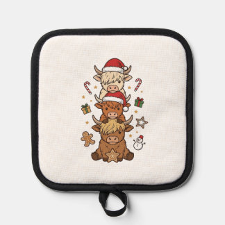 Christmas Highland Cow Stack Vintage Engraving Des Pot Holder