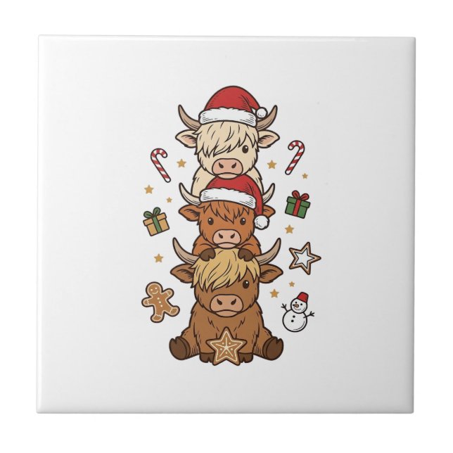 Christmas Highland Cow Stack Vintage Engraving Des Tile (Front)