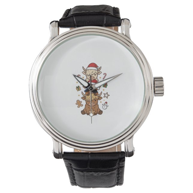 Christmas Highland Cow Stack Vintage Engraving Des Watch (Front)