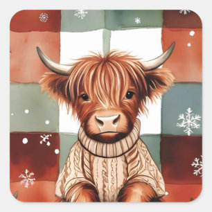 Christmas Highland Cow Sweater Festive Red Green Square Sticker