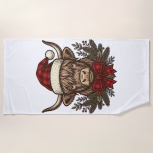 Christmas Highland Cow Vintage Engraving Design_1 Beach Towel