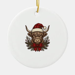 Christmas Highland Cow Vintage Engraving Design_1 Ceramic Tree Decoration