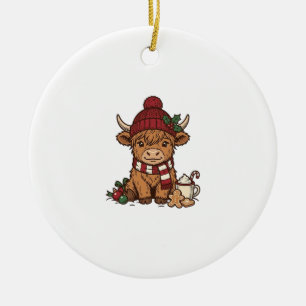 Christmas Highland Cow Vintage Engraving Design_1 Ceramic Tree Decoration