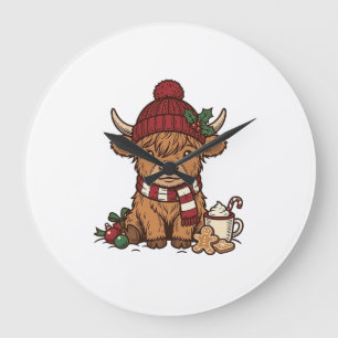 Christmas Highland Cow Vintage Engraving Design_1 Large Clock