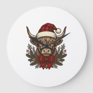 Christmas Highland Cow Vintage Engraving Design_1 Large Clock