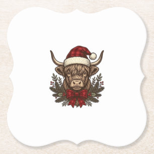 Christmas Highland Cow Vintage Engraving Design_1 Paper Coaster
