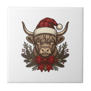 Christmas Highland Cow Vintage Engraving Design_1 Tile