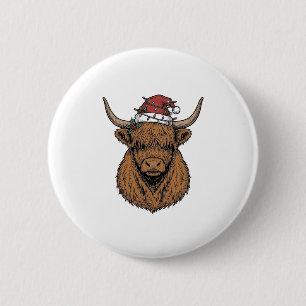 Christmas Highland Cow Vintage Engraving Santa Hat 6 Cm Round Badge
