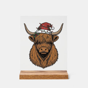 Christmas Highland Cow Vintage Engraving Santa Hat Acrylic Sign