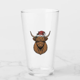 Christmas Highland Cow Vintage Engraving Santa Hat Glass
