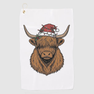 Christmas Highland Cow Vintage Engraving Santa Hat Golf Towel