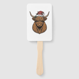 Christmas Highland Cow Vintage Engraving Santa Hat Hand Fan