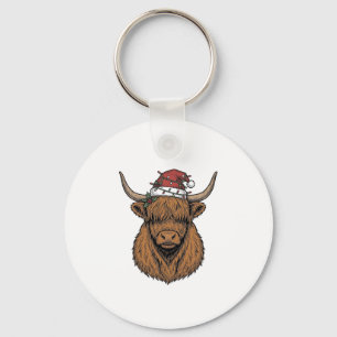 Christmas Highland Cow Vintage Engraving Santa Hat Key Ring