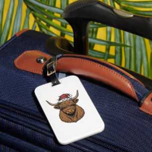 Christmas Highland Cow Vintage Engraving Santa Hat Luggage Tag