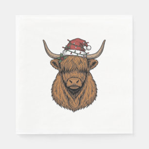 Christmas Highland Cow Vintage Engraving Santa Hat Napkin