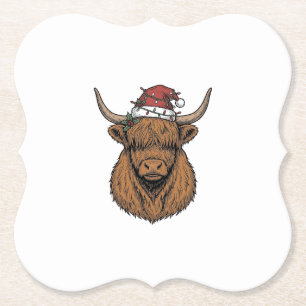 Christmas Highland Cow Vintage Engraving Santa Hat Paper Coaster