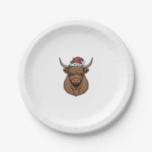Christmas Highland Cow Vintage Engraving Santa Hat Paper Plate