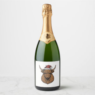 Christmas Highland Cow Vintage Engraving Santa Hat Sparkling Wine Label