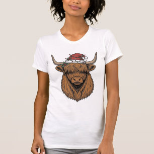 Christmas Highland Cow Vintage Engraving Santa Hat T-Shirt