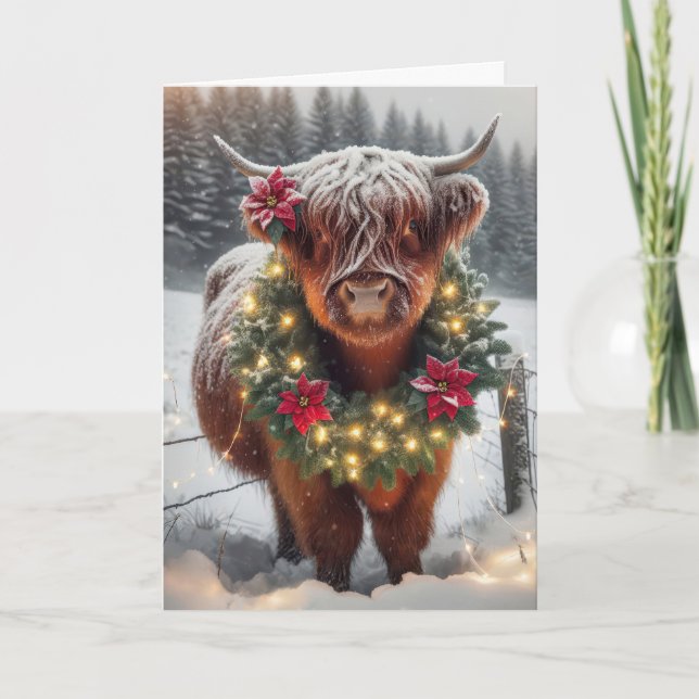 Christmas Highland Cow Wearing a Wreath Holiday Card (Front)