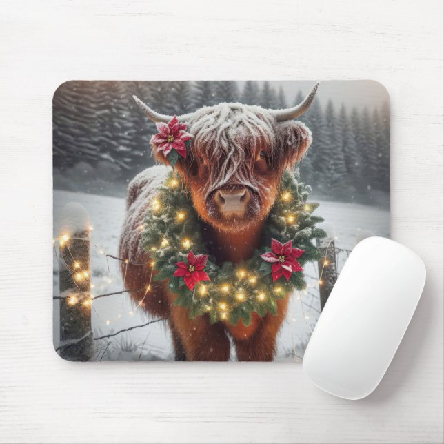 Christmas Highland Cow Wearing a Wreath Mouse Mat (With Mouse)