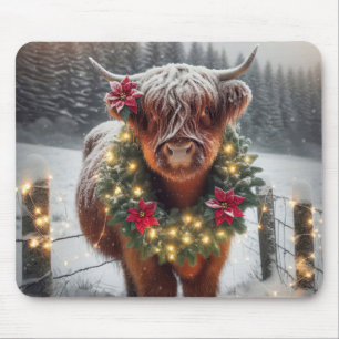 Christmas Highland Cow Wearing a Wreath Mouse Mat