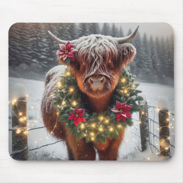 Christmas Highland Cow Wearing a Wreath Mouse Mat (Front)