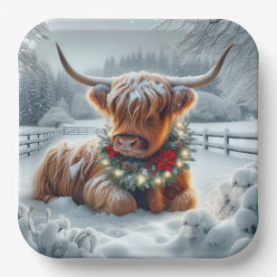 Christmas Highland Cow Wearing a Wreath Paper Plate
