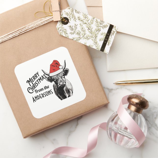 Christmas Highland Cow with Santa Hat Square Sticker (Gifting)